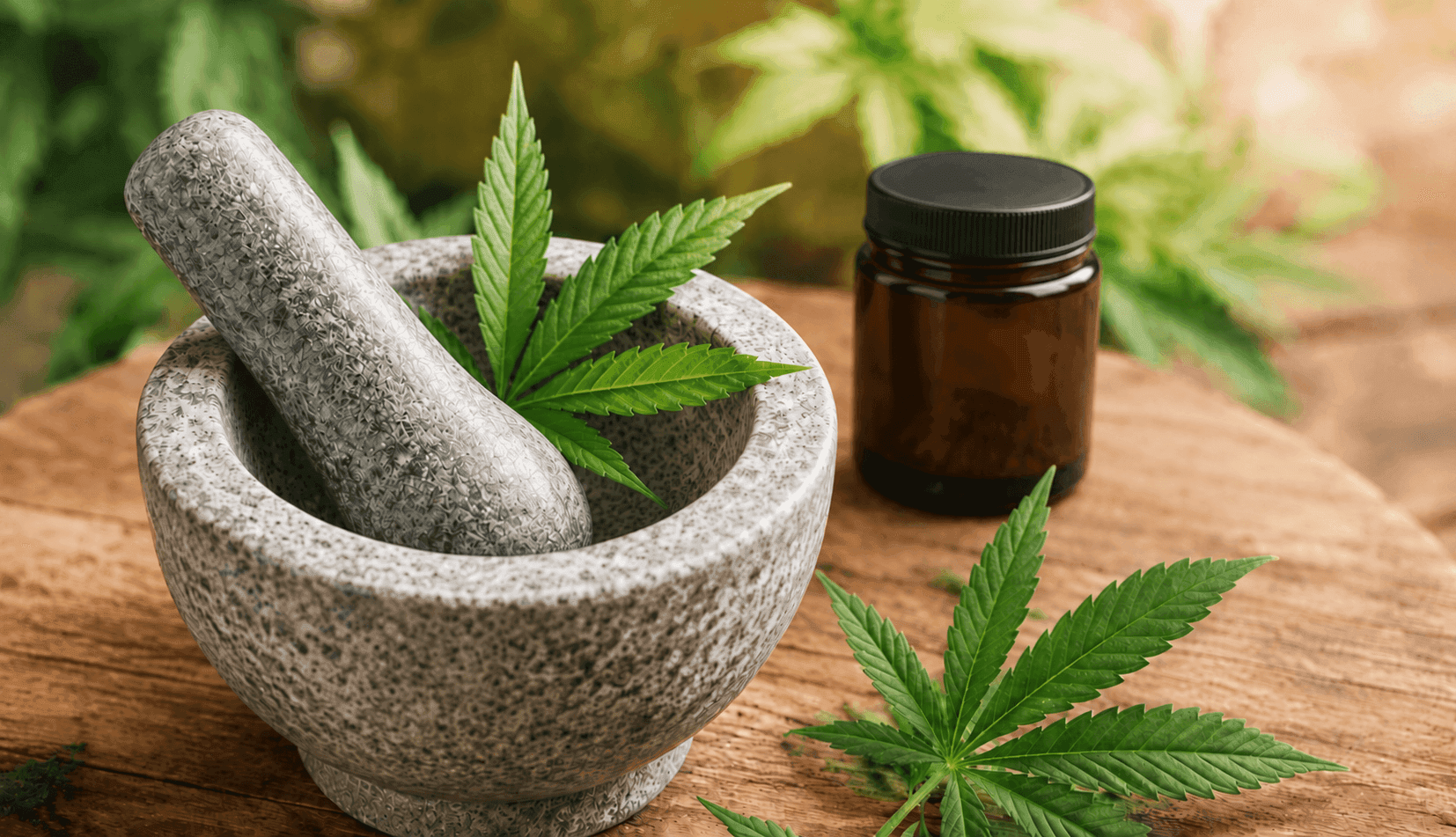Steinmörser auf eine Holztisch mit Cannabisblättern