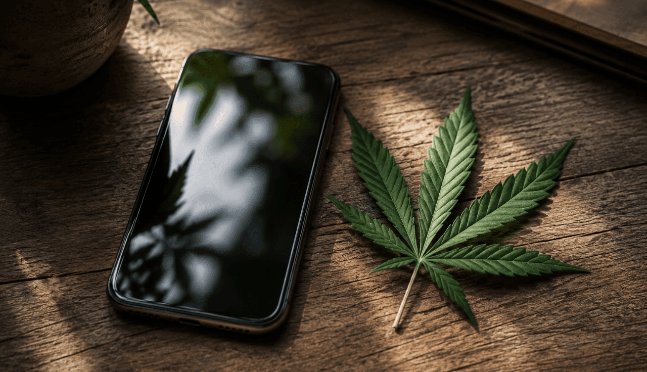 Handy liegt auf Holztisch neben Cannabisblatt