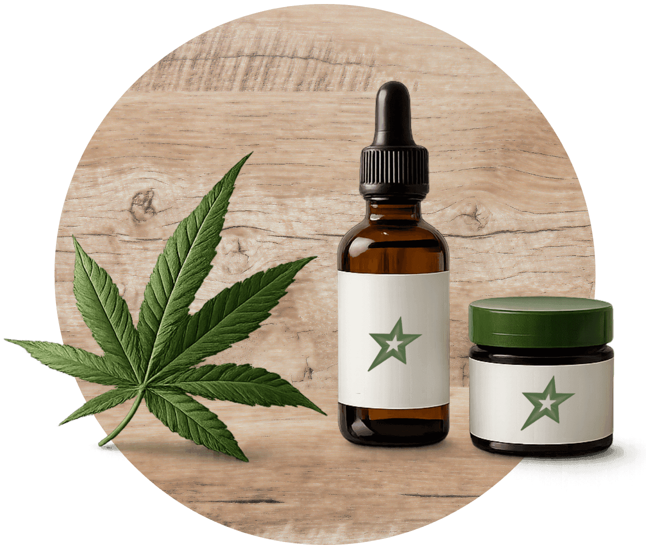Cannabisblatt, Mörser und Braunglas